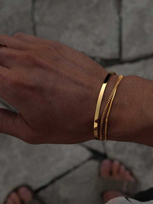 Ensemble de 3 pièces de bracelet masculin ajustable en acier inoxydable plaqué or 18K avec chaîne, adapté pour une utilisation quotidienne, Fête des Pères, Saint-Valentin, anniversaire de relation, cadeau d'anniversaire pour petit ami